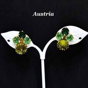 Vintage Austria Green Crystal Clip Earrings Uranium Glass Rhinestones 1950s